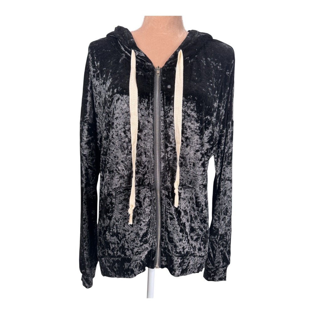 POL Womens Small Hoodie Black Crushed Velvet Full‎ Zip Drawstrings Fall Neutral